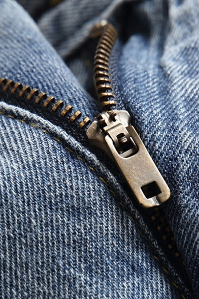 Urban Plain Broken Hole Straight Pocket Long Length Zip Placket Jeans for Men