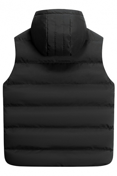 Urban Whole Colored Pocket Sleeveless Hooded Drawstring Loose Zip down Vest for Guys