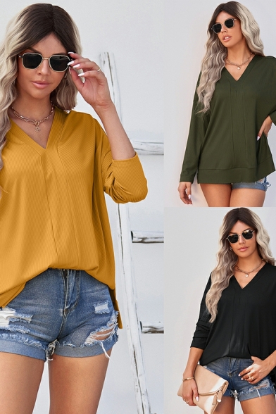 Casual Whole Colored V Neck Long Sleeves Relaxed Knitted Top for Women