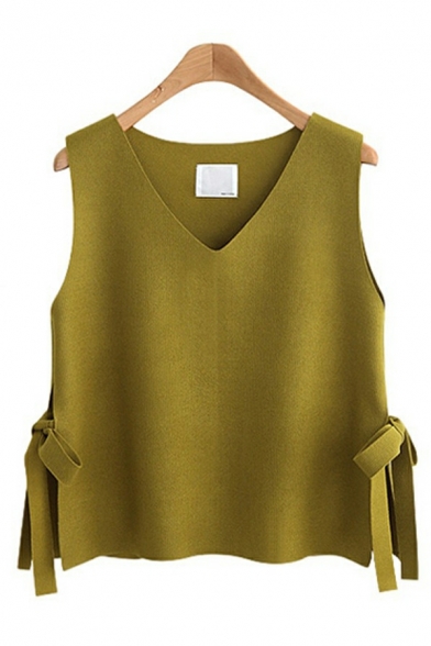 Causal Women Solid Color Ribbons Detail V-neck Sleeveless Relaxed Knitted Vest