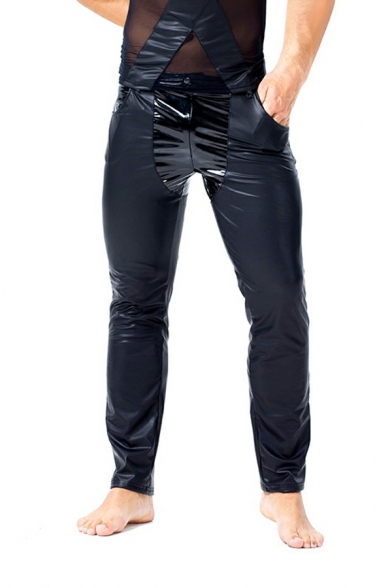 Cool Mens Pure Color Mid Waist Full Length Slim Fitted Button Closure Leather Pants