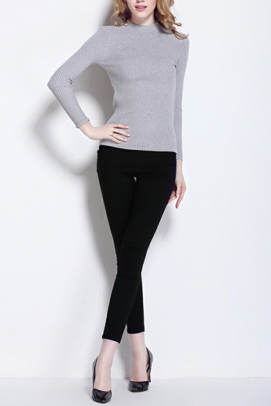 Cool Whole Colored High Neck Long Sleeve Regular Knitted Top for Girls
