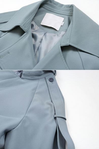 Dashing Ladies Plain Belt Design Lapel Collar Long Sleeve Baggy Double Breast Trench Coat