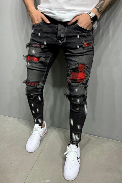 Elegant Checked Pattern Mid Rise Full Length Slim Fit Zip Placket Jeans for Guys