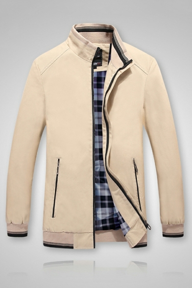 Fancy Striped Print Long Sleeve Stand Collar Regular Zip Fly Jacket for Men