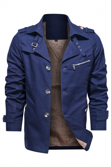 Guy's Trendy Whole Colored Pocket Long-Sleeved Lapel Collar Slim Button Fly Jacket