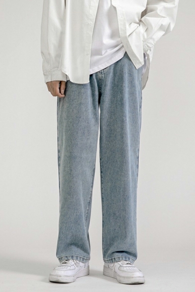 Leisure Men's Mid Waist Pocket Designed Full Length Loose Zip Closure Jeans