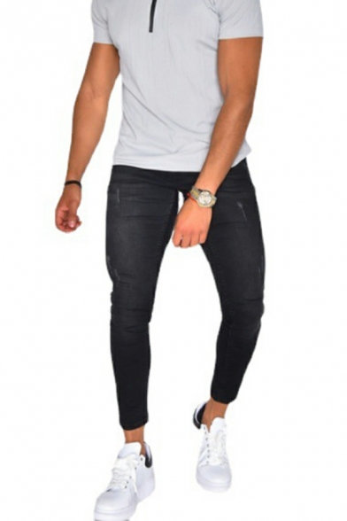 Leisure Men's Plain Mid Waist Distressed Designed Full Length Skinny Zip Closure Jeans