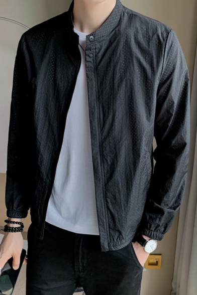 Men Dashing Plain Pocket Decoration Long Sleeves Fitted Stand Collar Zip Closure Jacket
