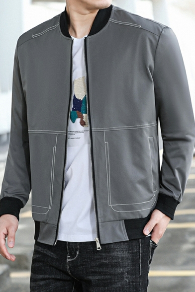 Men Edgy Contrast Color Stand Collar Zip Pocket Long Sleeves Fitted Zipper Baseball Jacket
