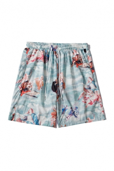 Modern Tropical Print Short Sleeve Notched Collar with Shorts Baggy Two Piece Set for Men