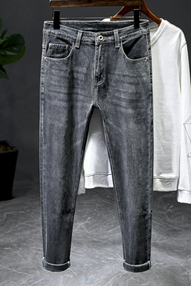 Retro Mens Plain Pocket Design Mid Rise Ankle Length Zip Closure Jeans
