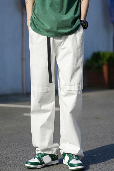 Retro Solid Color Mid Waist Loose Fit Belt Zip Placket Cargo Pants for Men