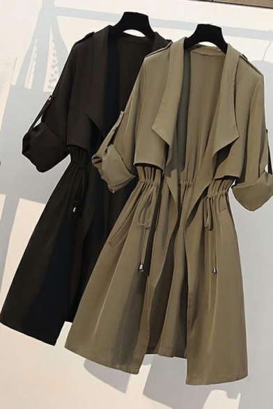 Women Urban Solid Spread Collar Ruched Detail Long-Sleeved Loose Open Front Trench Coat