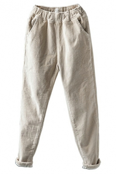 Basic Whole Colored Elastic Waist Pocket Regular High Rise Turn-up Pants for Girls