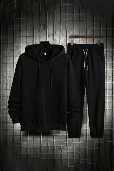 Casual Guys Solid Color Drawstring Long Sleeve Hoodie with Pants Fitted Two Piece Set