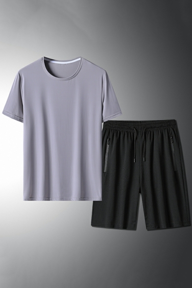 Chic Men Plain Crew Neck Short Sleeves Cropped Tee Shirt with Drawstring Shorts Co-ords