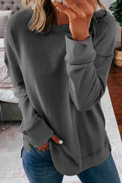 Cool Women Pure Color Long Sleeves Round Collar Regular Fit Pullover Sweatshirt