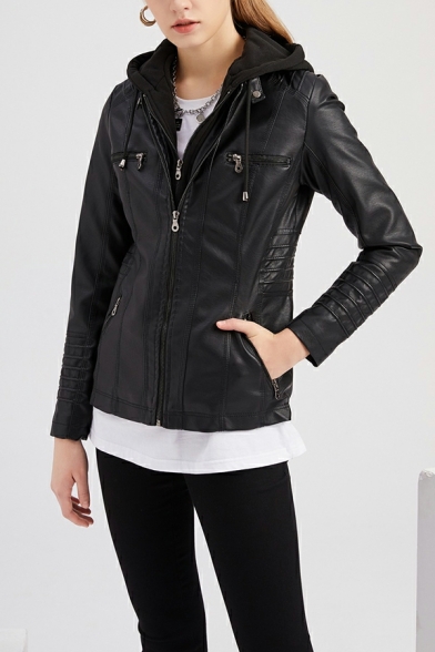 Detachable Hooded Leather Jacket Ladies Slim Long Sleeve Zipper PU Jacket