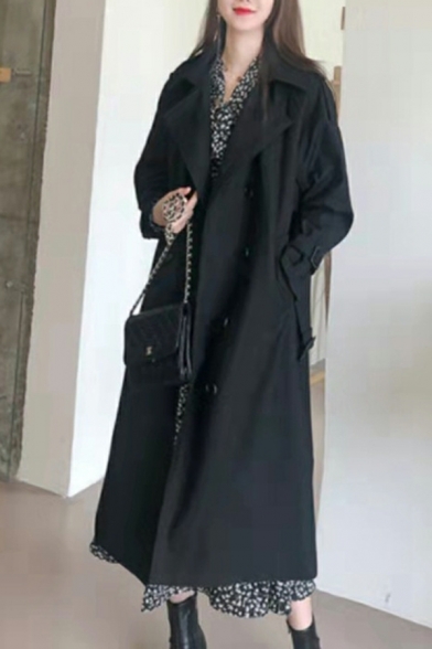 Edgy Women Solid Color Lapel Collar Loose Long Sleeve Double Breasted Trench Coat