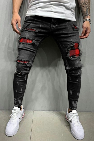 Elegant Checked Pattern Mid Rise Full Length Slim Fit Zip Placket Jeans for Guys