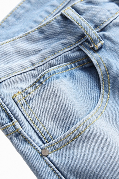 Elegant Plain Distressed Designed Mid Rise Straight Full Length Zip Placket Jeans for Men