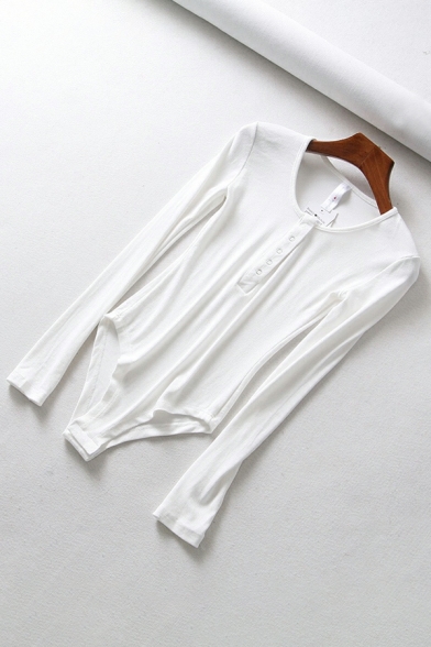 Fascinating Women Solid Color Round Collar Long Sleeve Button down Bodysuit
