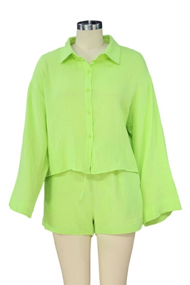 Fashionable Women Pure Color Button Fly Turn-down Collar Shirt with Shorts Regular Set