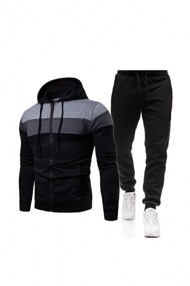 Leisure Color Block Long Sleeve Drawstring Hoodie with Shorts Slim Two Piece Set for Men