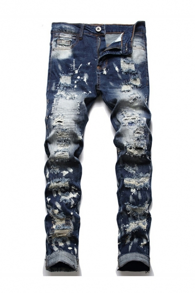 Modern Boy's Ink Pattern Pocket Mid Rise Long Length Straight Ripped Zip Up Jeans