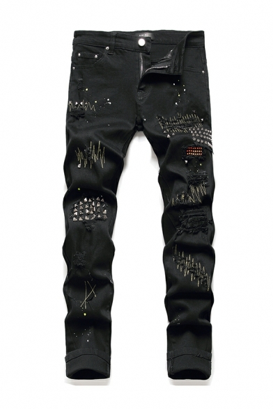 Modern Boy's Ink Pattern Pocket Mid Rise Long Length Straight Ripped Zip Up Jeans