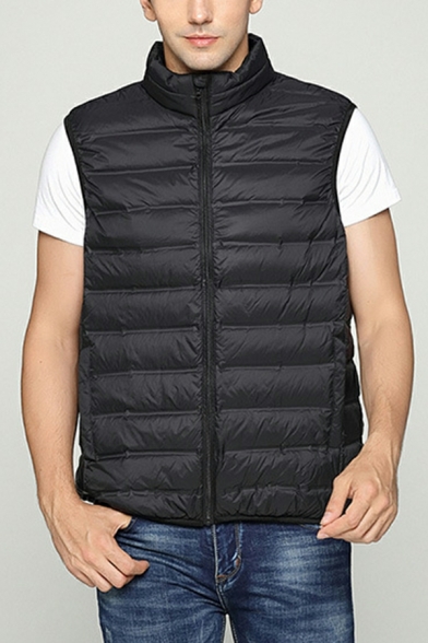 Modern Boy's Plain Pocket Decoration Stand Collar Sleeveless Regular Fitted Zip-up Vest
