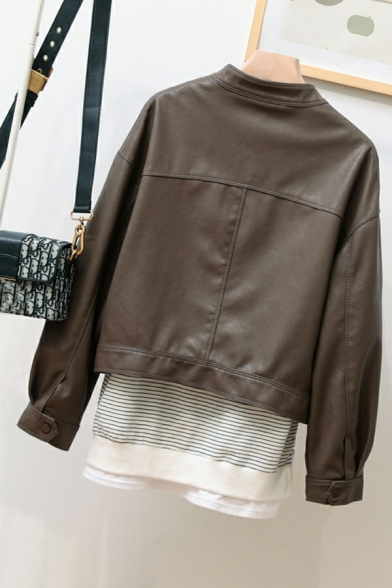 Simple Pure Color Stand Collar Flap Pocket Long Sleeve Zip Fly Leather Jacket for Women
