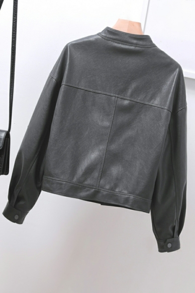 Simple Pure Color Stand Collar Flap Pocket Long Sleeve Zip Fly Leather Jacket for Women