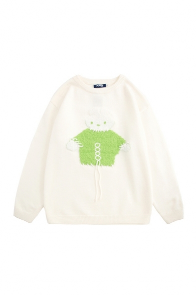 Women Leisure Cartoon Rabbit Print Round Neck Long Sleeves Baggy Knitted Top