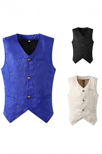 Edgy Mens Flora Pattern V-neck Sleeveless Regular Fitted Single Breasted Vest