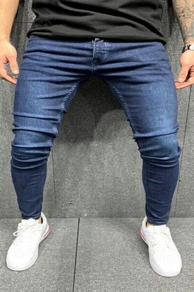 Elegant Pure Color Pocket Detailed Mid Rise Full Length Slim Zipper Jeans for Guys
