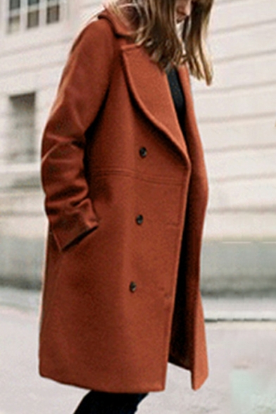 Fancy Solid Color Lapel Collar Baggy Long-Sleeved Double Breasted Trench Coat for Ladies