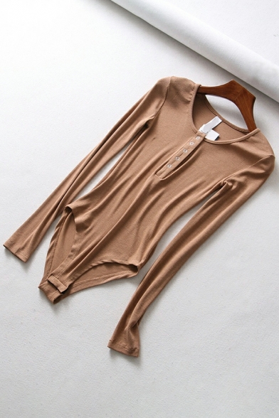 Fascinating Women Solid Color Round Collar Long Sleeve Button down Bodysuit