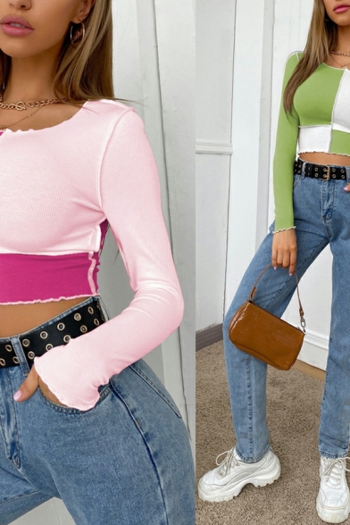 Fashion Ladies Color Block Long Sleeve Scoop Collar Skinny Crop Knitted Top