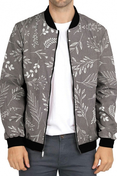 Fashionable Guy's Plants Printed Pocket Long Sleeve Stand Collar Fitted Zip down Coat