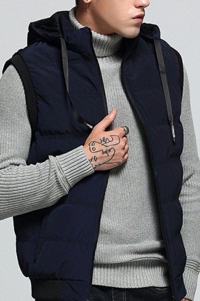 Fashionable Mens Contrast Trim Pocket Drawstring Regular Fitted Hooded Zip Fly Vest