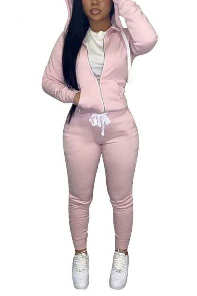 Ladies Stylish Solid Long Sleeves Zip Placket Hoodie with Slimming Pants Drawstring Set