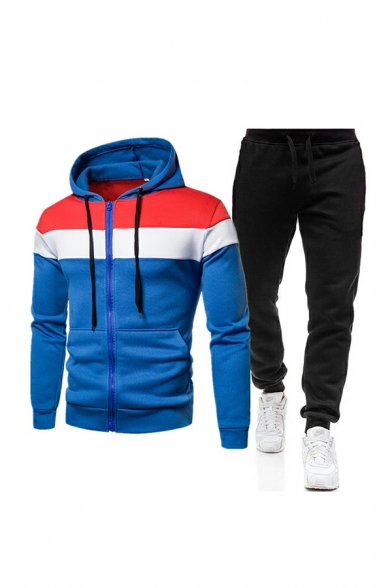 Leisure Color Block Long Sleeve Drawstring Hoodie with Shorts Slim Two Piece Set for Men