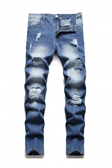Men Boyish Solid Color Broken Hole Mid Rise Straight Pocket Zipper Jeans