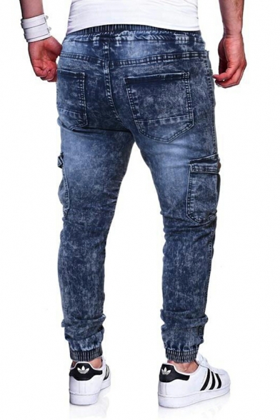 Men Boyish Solid Pleated Decorated Long Length Mid Rise Slim Drawstring Waist Jeans