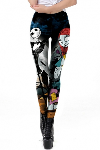 Street Look 3D Helloween Printed Full Length High Rise Skinny Pants for Girls
