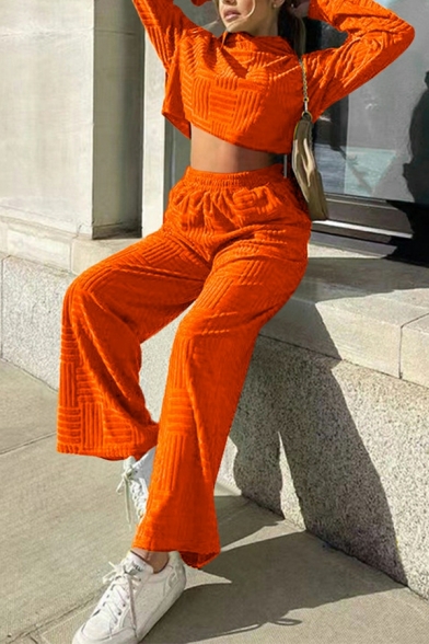 Vintage Girls Solid Color Long Sleeve Regular Crop Hoodie with Straight Pants Set