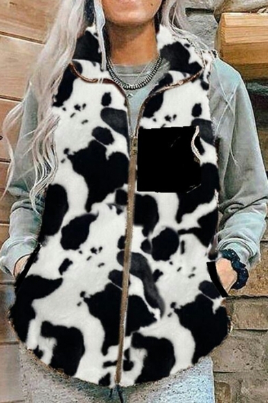 Vintage Ladies Milk Cow Pattern Spread Collar Sleeveless Regular Zip Placket Vest