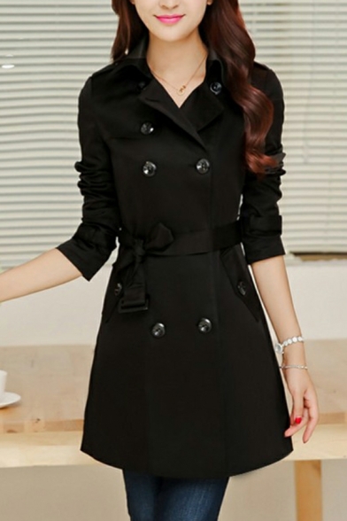 Women Freestyle Plain Belt Design Long-sleeved Lapel Collar Double Breasted Trench Coat